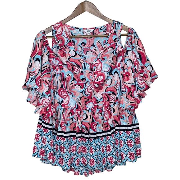 Crown & Ivy Womens Pink Floral Cold Shoulder Bell Sleeve Size L - Picture 1 of 4